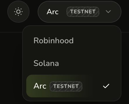 Dark-mode network selector dropdown on a wallet or dApp interface showing options for Robinhood, Solana, and the currently selected Arc Testnet network.