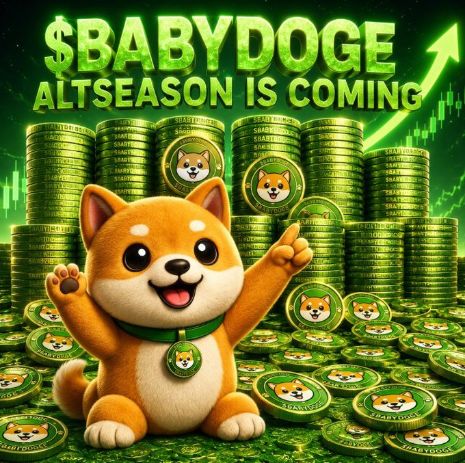 A promotional graphic for the $BABYDOGE cryptocurrency featuring a cartoon Shiba Inu dog sitting among stacks of green coins, with the text '$BABYDOGE ALTSEASON IS COMING' and an upward trending chart.