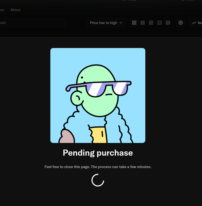 A "Pending purchase" screen displays a Doodles NFT featuring a green character with purple sunglasses and a blue fuzzy jacket, accompanied by a loading spinner and the message "Feel free to close this page. The process can take a few minutes." The image visually represents the moment of finally committing to the purchase after extended deliberation, matching the post's narrative of overcoming indecision to buy the NFT.