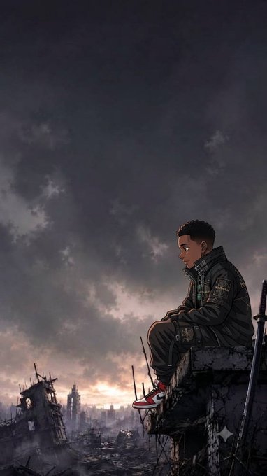 An animated illustration shows a young boy wearing a jacket and red sneakers, sitting on a piece of rubble and looking out over a destroyed, post-apocalyptic city at dusk.