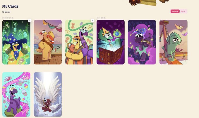 A digital card collection page titled 'My Cards' displaying 10 unicorn-themed cards categorized under 'UNCOMMON' and 'COMMON'.