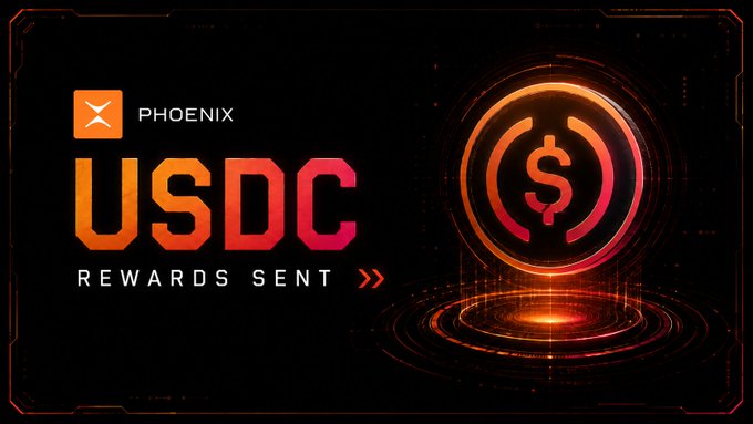 The image is a promotional graphic with a dark background featuring orange and red neon accents, displaying the Phoenix icon with the text "PHOENIX," large bold letters reading "USDC," and "REWARDS SENT" below it, alongside a glowing 3D USDC coin emblem on the right—visually announcing the USDC airdrop rewards from the Phoenix Trade Fight Club Competition mentioned in the post.