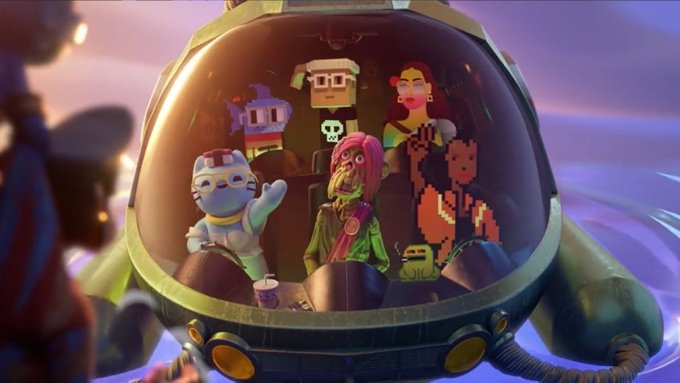 A group of stylized avatars sit inside a glass-domed submarine, featuring pixel-art style characters including a Bored Ape, CryptoPunk, and Meebit—representing prominent NFT collections—alongside a humanoid figure in a red mask and a small astronaut-like character. The image visually represents the NFT community and Yuga Labs' Otherdeed land mint debacle, illustrating the "Otherside" ecosystem referenced in the post where $200M was lost in gas fees due to a flawed smart contract.