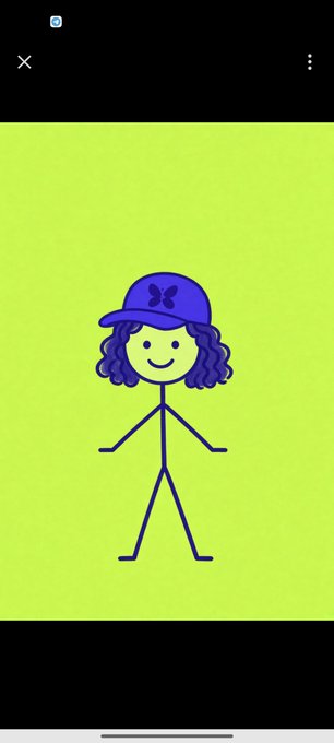 A simple digital drawing of a stick figure with purple hair wearing a blue cap featuring a butterfly design, set against a bright green background.