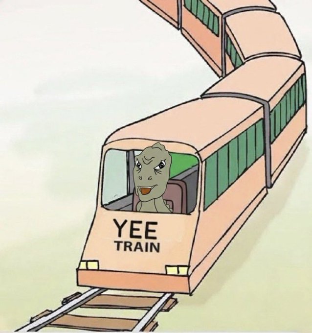 A cartoon illustration shows a smiling reptilian figure, reminiscent of the "Lizard People" meme, driving a pink and green train labeled "YEE TRAIN" along railroad tracks. The playful image ties to the post's celebration of $YEE, with the "Yee Train" punning on the ticker symbol as part of a daily bullposting campaign.