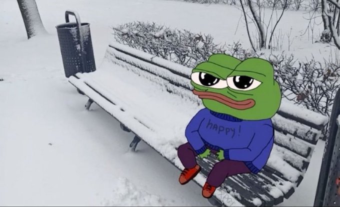 The image shows a Pepe the Frog character wearing a blue sweater labeled "happy!" sitting on a snow-covered park bench. It humorously relates to the post's question about "yapping" (chattering) by depicting a seemingly content, bundled-up frog in a cold, snowy setting—suggesting someone may stay quiet unless given reason to "come back" and talk.