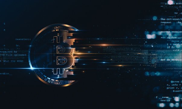 A digital artwork features a glowing gold Bitcoin symbol in a circular frame with light streaks extending to the right over a dark background of scrolling code.