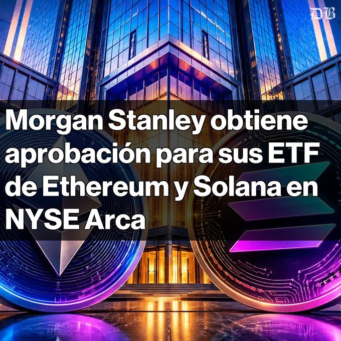 A news graphic with Ethereum and Solana coin imagery and the headline 'Morgan Stanley obtiene aprobación para sus ETF de Ethereum y Solana en NYSE Arca'.