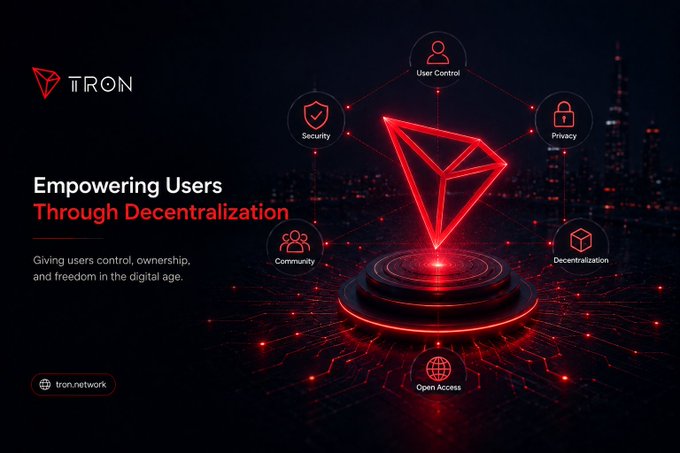 A dark promotional banner for the cryptocurrency project 'TRON' with the headline 'Empowering Users Through Decentralization' and a glowing red TRON diamond logo surrounded by icons representing User Control, Security, Privacy, Community, Decentralization, and Open Access.