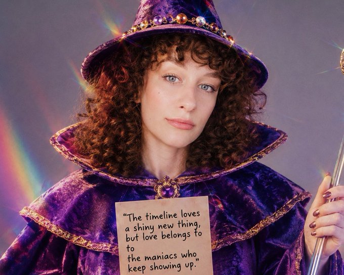 A woman dressed as a purple-velvet sorceress holds a sign reading *"The timeline loves a shiny new thing, but love belongs to the maniacs who keep showing up,"* casting a rainbow glow over the $MIM community — fitting the post's framing of MIM's holders as loyal, spell-casting devotees rather than fleeting trend-chasers.