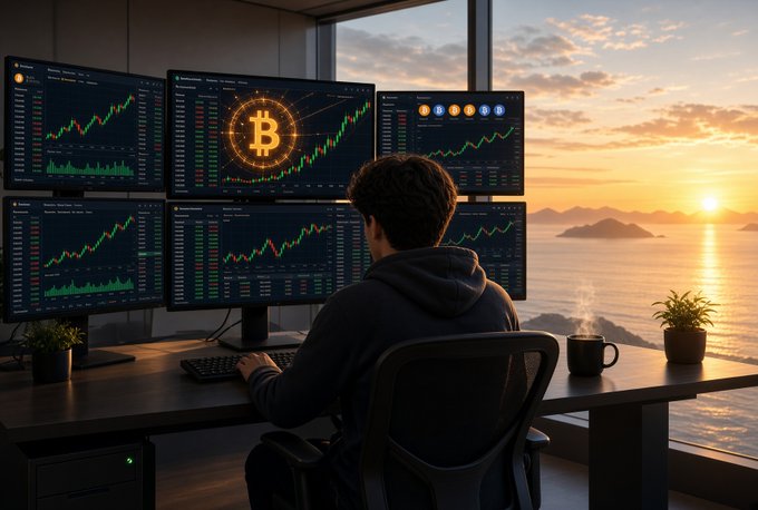 A person viewed from behind sitting at a desk with six monitors displaying Bitcoin/cryptocurrency trading charts, with a Bitcoin logo on the center screen, overlooking a sunset over the ocean.