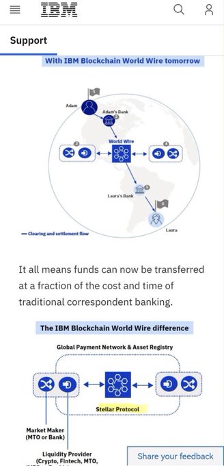 An IBM Support page illustrating 'IBM Blockchain World Wire,' a global payment network using the Stellar Protocol that allows funds to be transferred at a fraction of traditional correspondent banking costs and time, with diagrams showing clearing and settlement flows between banks like Adam's Bank and Laura's Bank.
