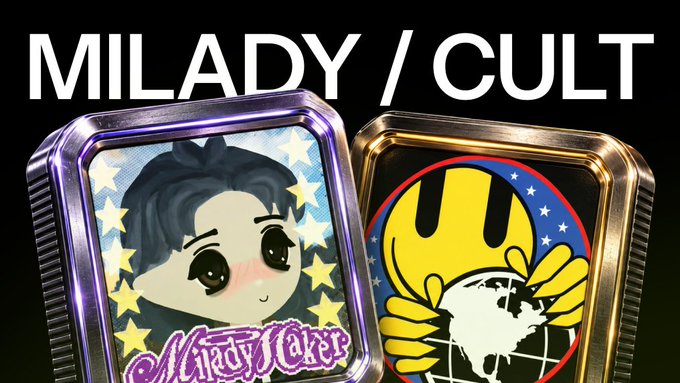 A graphic displaying 'MILADY / CULT' with two metallic cases, one containing a 'Milady Maker' anime-style character card and the other featuring an Uncle Sam-style logo with 'U' hands.