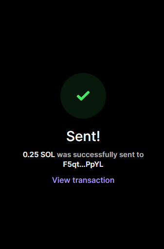 The image displays a transaction confirmation screen showing "Sent!" with a green checkmark, confirming that 0.25 SOL was successfully sent to the address F5qt...PpYL, along with a "View transaction" link. This appears to be proof of a SOL cryptocurrency payment, likely supporting the giveaway announcement.