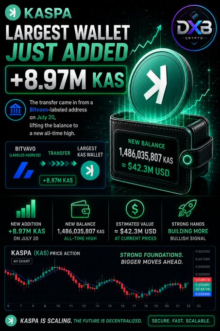 A promotional graphic for Kaspa (KAS) cryptocurrency, highlighting the largest wallet receiving +8.97M KAS from a Bitvavo-labeled address, with a new all-time-high balance of 1,486,035,807 KAS (~$42.3M USD), branded by DX3 Crypto.