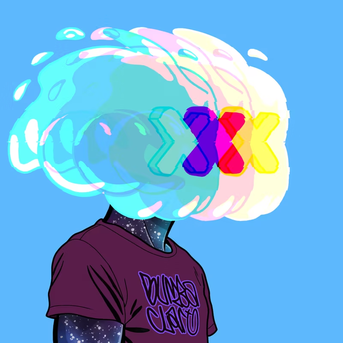 A digital illustration of a humanoid figure wearing a purple 'DUNGEON CRAWL' t-shirt, where the head is a translucent, colorful, bubble-like shape containing the colorful interconnected logo for Axie Infinity (AXS).