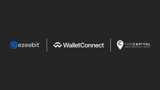 Three logos displayed on a dark background: ezeebit, WalletConnect, and The Capital (Hotels | Apartments | Resorts).