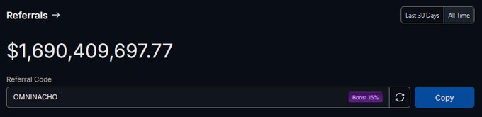 A screenshot shows a "Referrals" dashboard displaying total earnings of **$1,690,409,697.77** for the referral code "**OMNINACHO**" (marked with a 15% boost), illustrating the significant financial success that can come from consistently sharing valuable content.