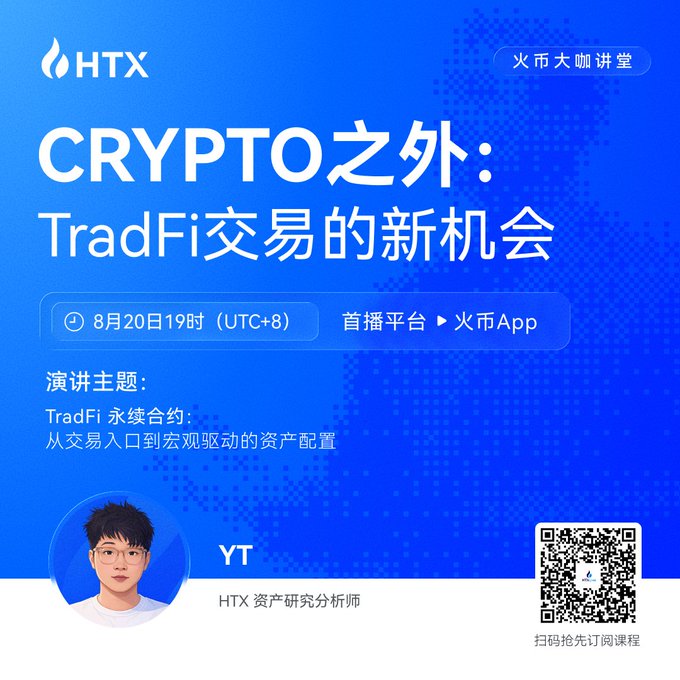 HTX promotional graphic for a webinar titled "CRYPTO之外: TradFi交易的新机会" featuring speaker YT, scheduled for August 20 at 19:00 (UTC+8) on the 火币App, with a QR code for subscription.