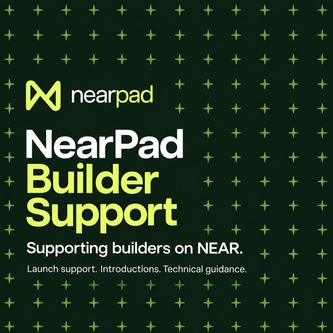 A promotional graphic for 'nearpad' with text 'NearPad Builder Support' and 'Supporting builders on NEAR. Launch support. Introductions. Technical guidance.' on a dark green patterned background.