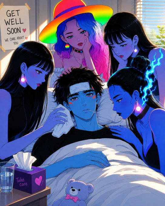 A digital illustration showing a blue-skinned male character lying in bed with a bandage on his forehead, surrounded by four female characters, one wearing a rainbow hat, with a "GET WELL SOON" sign nearby.