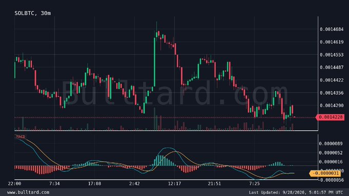 A 30-minute candlestick chart for the SOLBTC trading pair, displaying price action with a MACD indicator below and the website 'www.bulltard.com' watermarked across it.