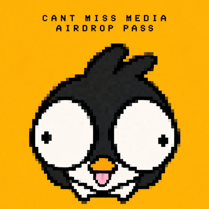 A pixel art illustration of a black and white cat face with wide eyes and tongue out on an orange background, with text reading 'CANT MISS MEDIA AIRDROP PASS'.