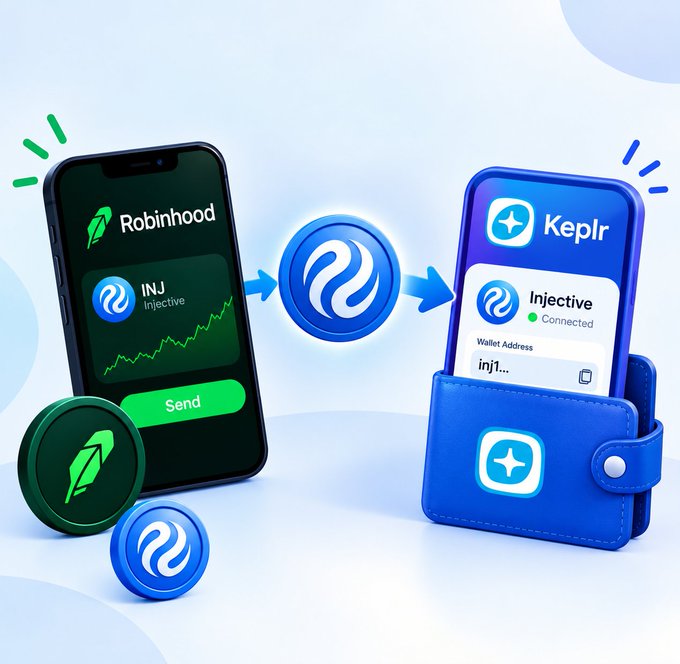A 3D illustration shows INJ tokens being transferred from Robinhood to a Keplr wallet, with an Injective coin logo displayed between the phone screens.