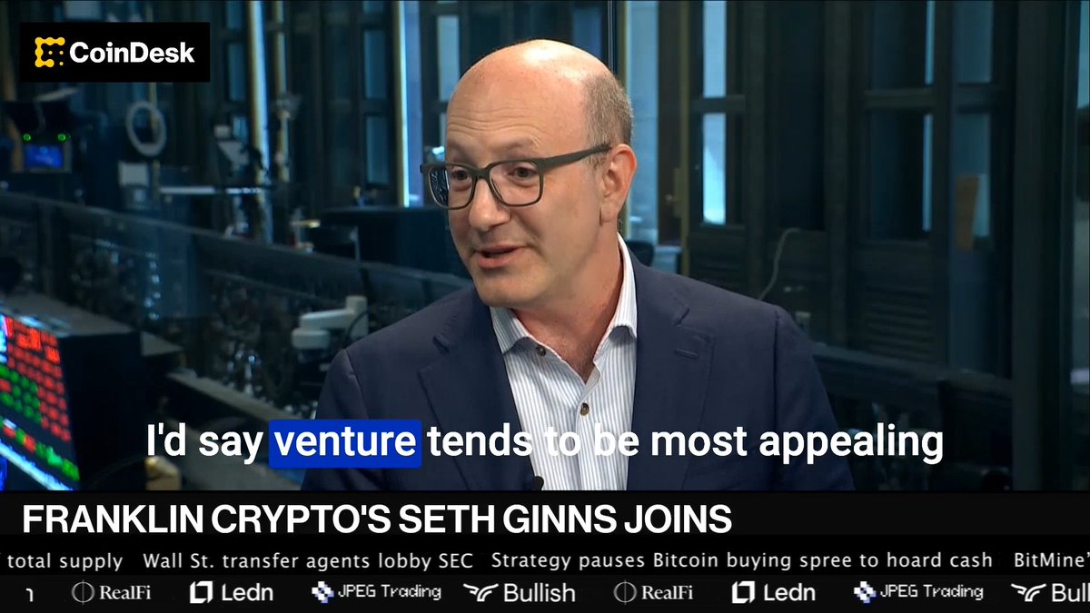 CoinDesk interview featuring Franklin Crypto's Seth Ginns, where he states that "venture tends to be most appealing," discussing how the market is at an inflection point for large investors to begin allocating to liquid crypto funds at unprecedented levels.