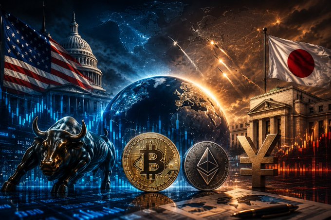 A dramatic composite image contrasts the US Capitol with a bull statue and Bitcoin, Ethereum, and Yen coins against the Bank of Japan and a Japanese flag.