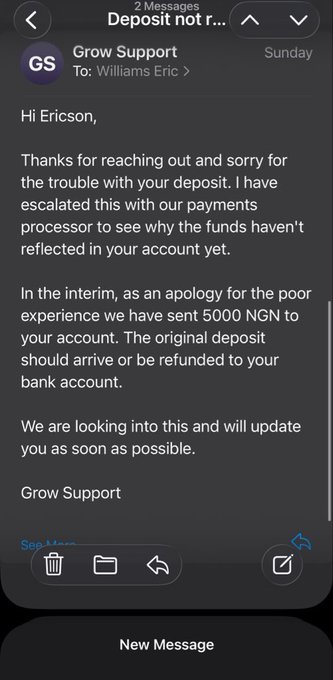 A screenshot of a message from Grow Support on Sunday regarding a deposit issue, apologizing and stating 5000 NGN was sent as an apology, with the original deposit to be reflected or refunded.