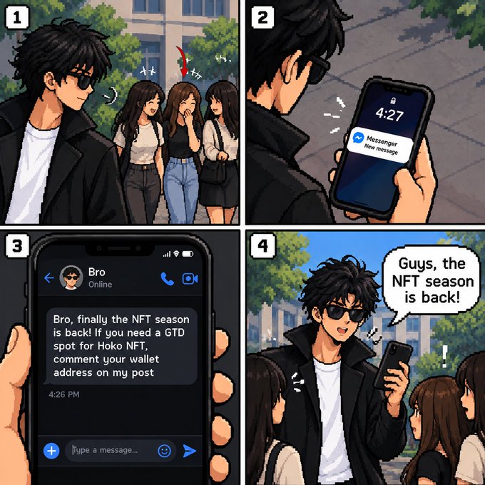 A four-panel anime-style comic where a man receives a Messenger notification from 'Bro' saying 'the NFT season is back!' and asks friends to comment wallet addresses on his post for a Hoko NFT GTD spot.