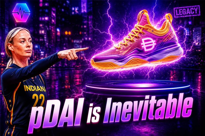 A graphic titled 'pDAI is Inevitable' shows a woman in an Indiana Fever jersey pointing at a glowing basketball shoe with a Bitcoin logo, set against a purple lightning background.