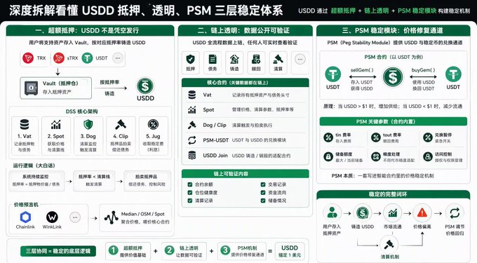 A detailed Chinese infographic titled '深度拆解看懂 USDD 抵押、透明、PSM 三层稳定体系' explaining the three-layer stability system of USDD, including over-collateralization, on-chain transparency, and PSM (Peg Stability Module).