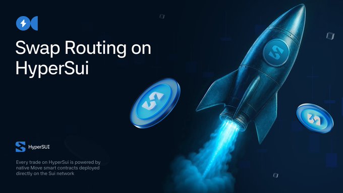 The image features a rocket flying above a blue coin with the words "Swap Routing" written on it. The rocket appears to be powered by a blue coin, which suggests that the rocket might be related to cryptocurrency or blockchain technology. The image also includes text about swap routing and HyperSui, indicating that this is an advertisement for a cryptocurrency exchange service.