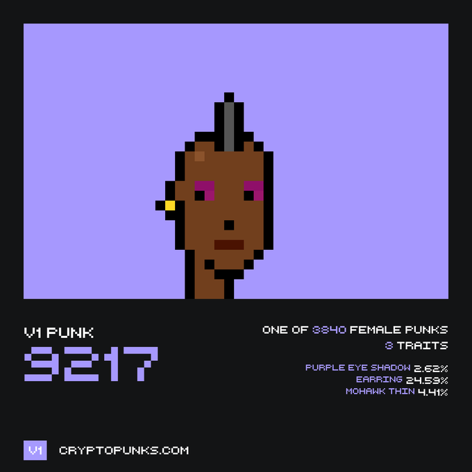 A CryptoPunk V1 NFT #9217 displaying a female punk with a mohawk, purple eye shadow, and earrings on a purple background.
