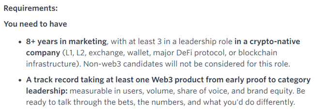 Job requirements listing for a marketing role demanding 8+ years of experience with at least 3 years in leadership at a crypto-native company, specifically requiring Web3 expertise. The image corroborates the post's satirical point: Somnia has revised their CMO job listing to explicitly require Web3 experience, following criticism of hiring a Web3-inexperienced CMO for their $270M crypto project.