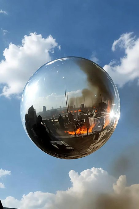 A reflective silver sphere held up against a blue sky with white clouds, capturing a fisheye reflection of a city skyline and flames.