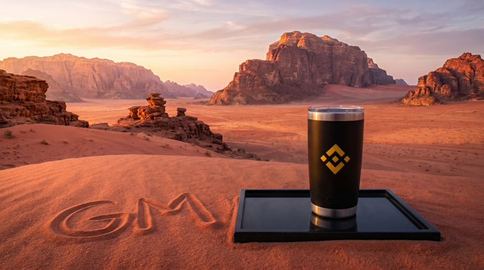 A surreal desert landscape with red sandstone rock formations and "GM" written in the sand, featuring a black Binance tumbler on a tray in the foreground.