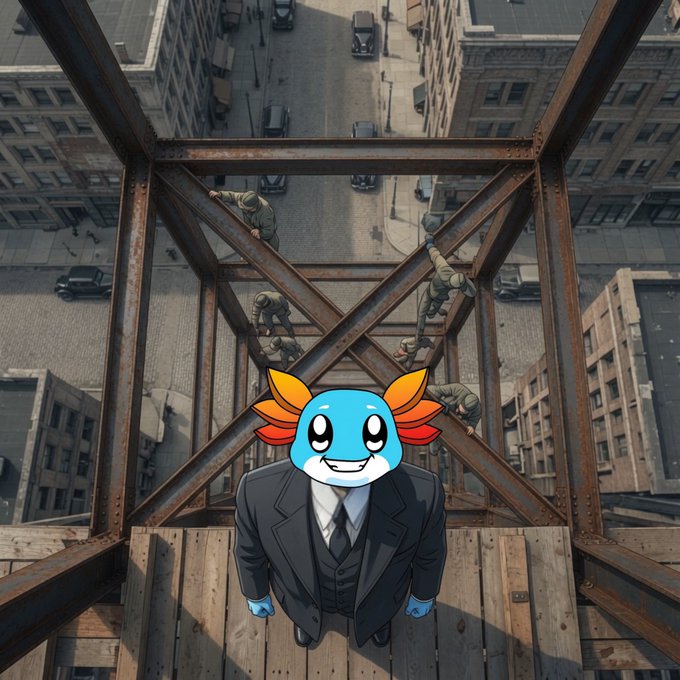 A dramatic photo taken from a great height looking down at workers climbing on the steel framework of a skyscraper under construction, with a cartoon axolotl character in a black suit photoshopped in the foreground.