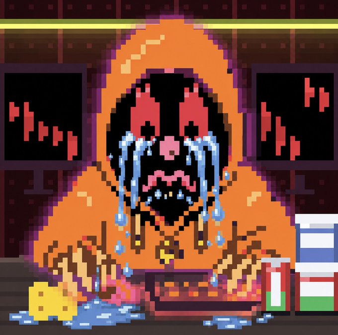 A pixel art crying orange character sits at a slot machine surrounded by scattered cheese, food, and liquor bottles, visually reinforcing the post's message mocking "REKT" traders who panic over 24-hour silence while the team behind @osf_rekt/@iliketabz "has a plan" requiring patience and HODLing.