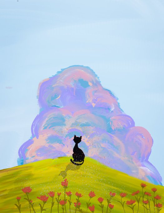 A painting shows the black silhouette of a cat sitting on a bright yellow-green grassy hill, looking at a large, fluffy pink and blue cloud in a light blue sky. Red flowers are scattered along the bottom foreground.
