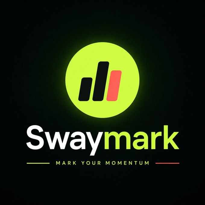 Swaymark logo featuring a glowing lime-green circle with stylized bar chart bars in black and red, accompanied by the tagline 'MARK YOUR MOMENTUM' on a black background.