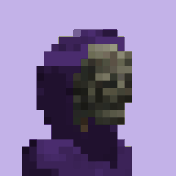 A heavily pixelated, low-resolution image showing dark purple and olive-green blocky shapes against a light purple background.