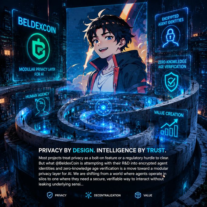 An anime-style promotional graphic for "BELDEXCOIN" featuring a young male character surrounded by holographic panels highlighting features like "MODULAR PRIVACY LAYER FOR AI," "ENCRYPTED AGENT IDENTITIES," "ZERO-KNOWLEDGE AGE VERIFICATION," "HUMAN AGENCY," and "VALUE CREATION," with the tagline "PRIVACY BY DESIGN. INTELLIGENCE BY TRUST."