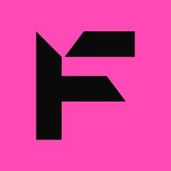 A minimalist black stylized 'K' or 'F' logo on a bright pink background.