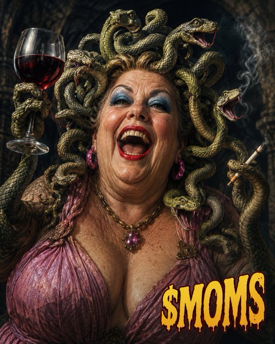 An AI-generated illustration depicts a laughing woman with a Medusa-like head of snakes, holding a wine glass and smoking, with the text '$MOMS' displayed.