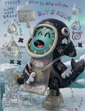 A colorful illustration of a cute character in a shark hoodie holding a sign reading 'BUY AQUA', with IV drips and water droplet characters around it, and 'AQUA SHOP' written below.