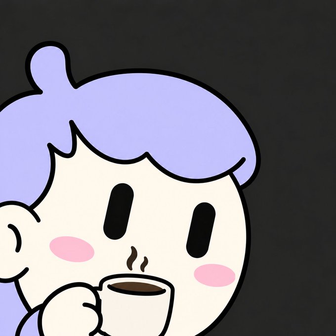 A close-up cartoon character with purple hair drinks from a steaming cup against a dark background.
