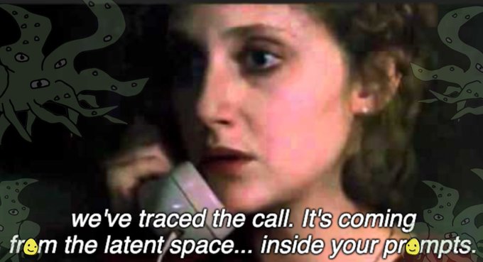 A still from what appears to be an X-Files episode showing a woman on a phone with tentacles in the background, with meme caption text reading 'we've traced the call. It's coming from the latent space... inside your prompts' with emojis replacing letters in 'from' and 'prompts'.